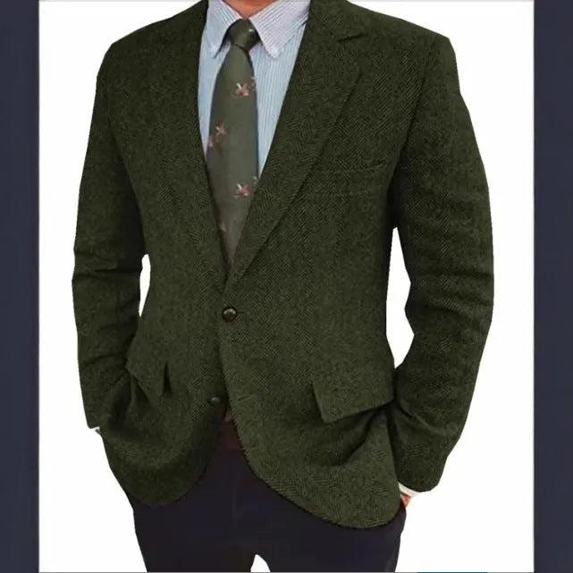Men's brown herringbone pattern suit jacket with long sleeves and a flax lining.