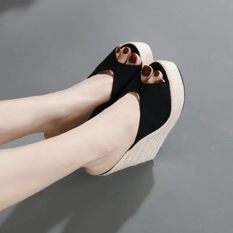 Women's black suede open toe high heel sandals with PU lining and rubber sole, sizes 35-42