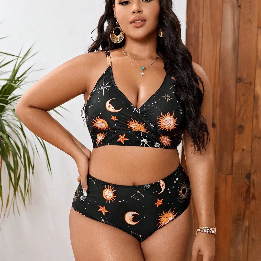 Women's split printed large size swimsuit in sleeveless briefs style, multicolour, sizes L to 4XL