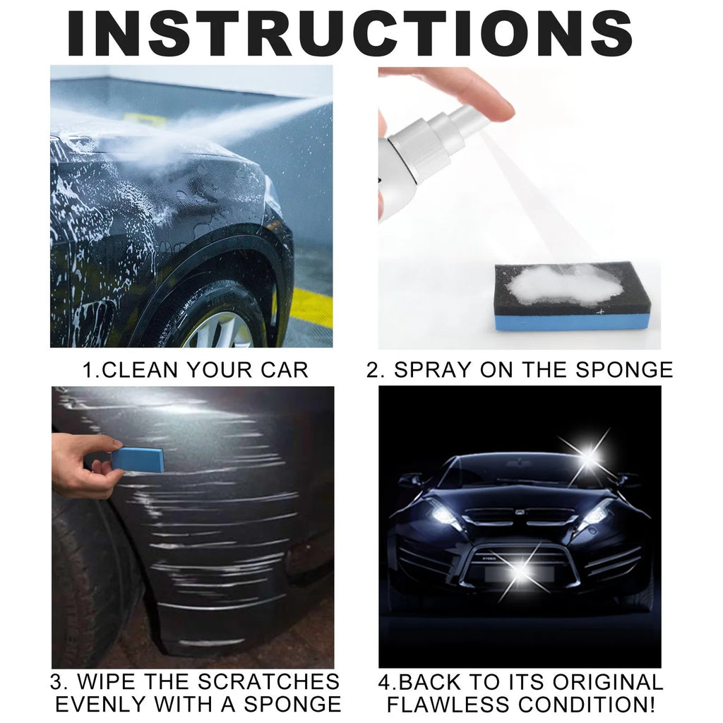 Car scratch repair spray bottle for paint surface restoration in 100ml, 50ml, and 30ml capacities