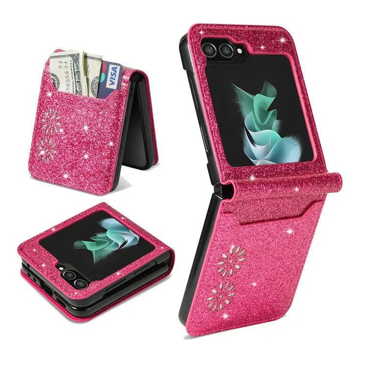 Samsung Galaxy Z Flip folding phone in a retro patchwork pattern case with visible card slots on the back.
