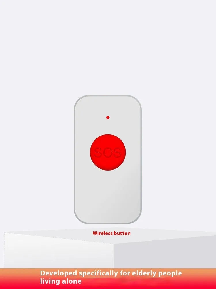 White elderly emergency alert device showing a buzzer base unit and three small wireless panic buttons.