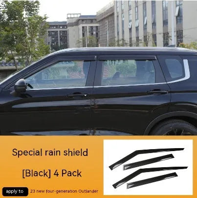 Black engineering plastic window deflectors fitted on a 2023 Mitsubishi Outlander front window.