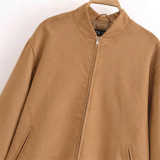 Women's casual loose fit long sleeve PU zipper jacket in picture colour, unisex style