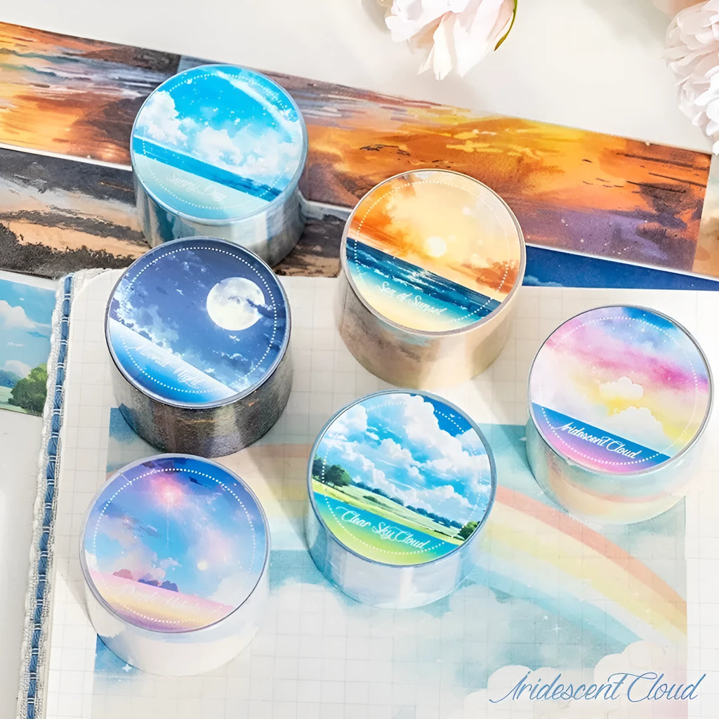 Japanese paper sky theme washi tape showing six colour variations including twilight and moonlight sky patterns
