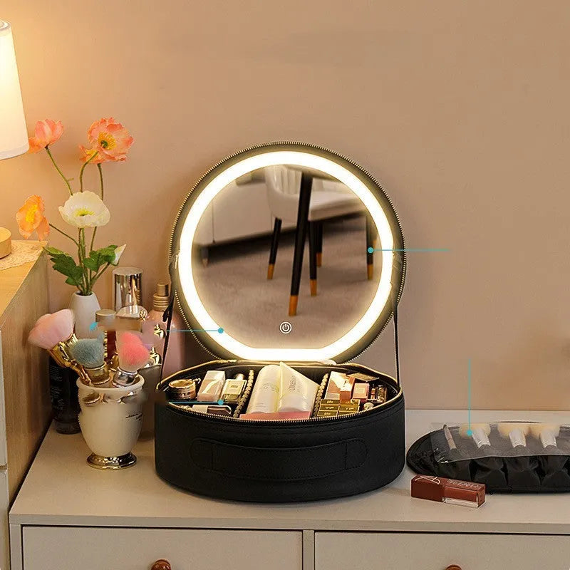 Round smart LED makeup bag with mirror lights in cherry blossom pink, PU leather, 29x28x11cm