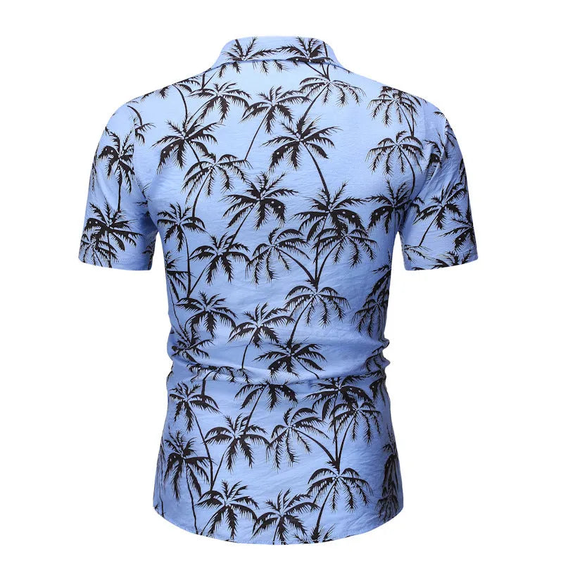 Men's loose lapel print top in light blue, long sleeves, casual polyester shirt