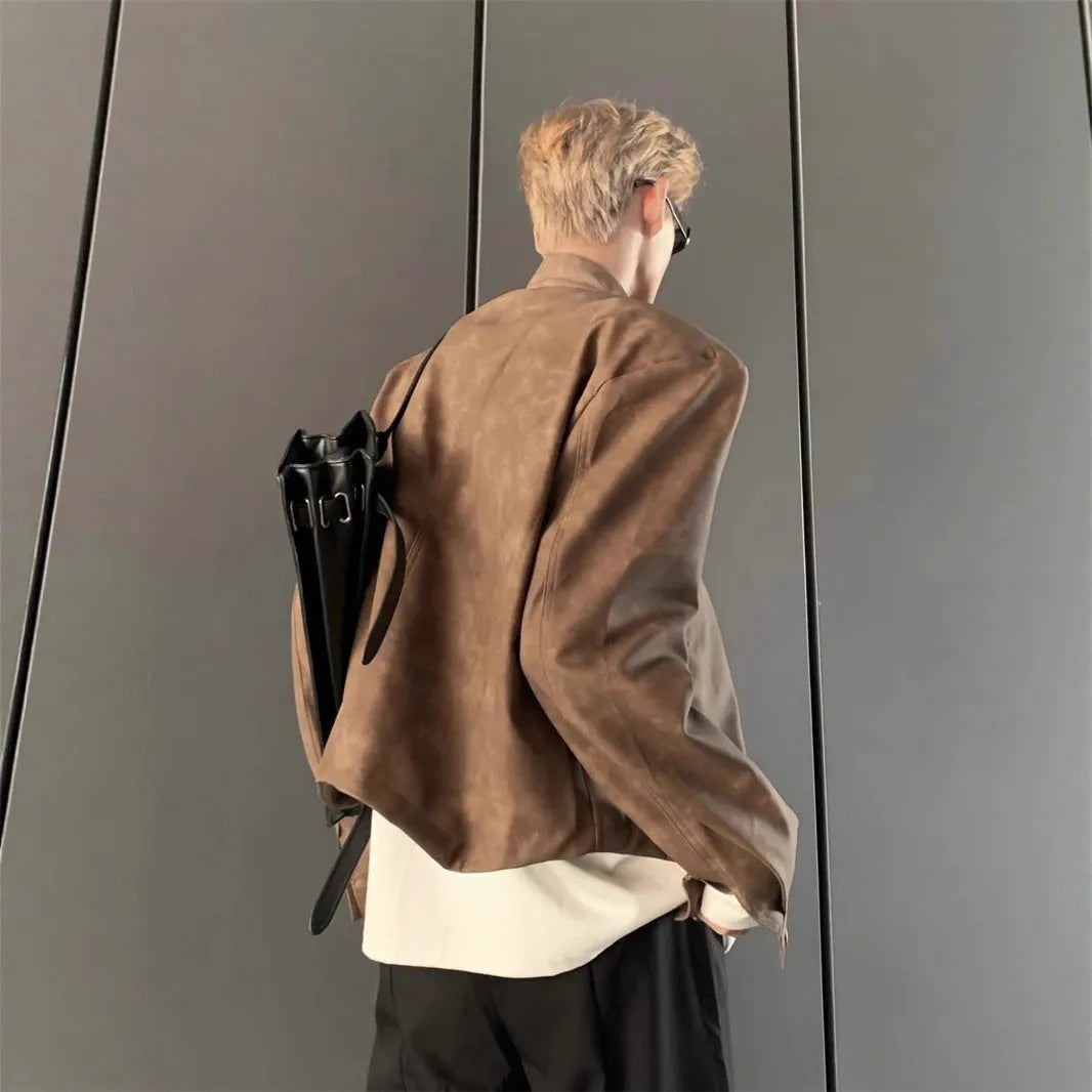 Men's brown loose cropped cotton blend jacket with straight hem and long sleeves