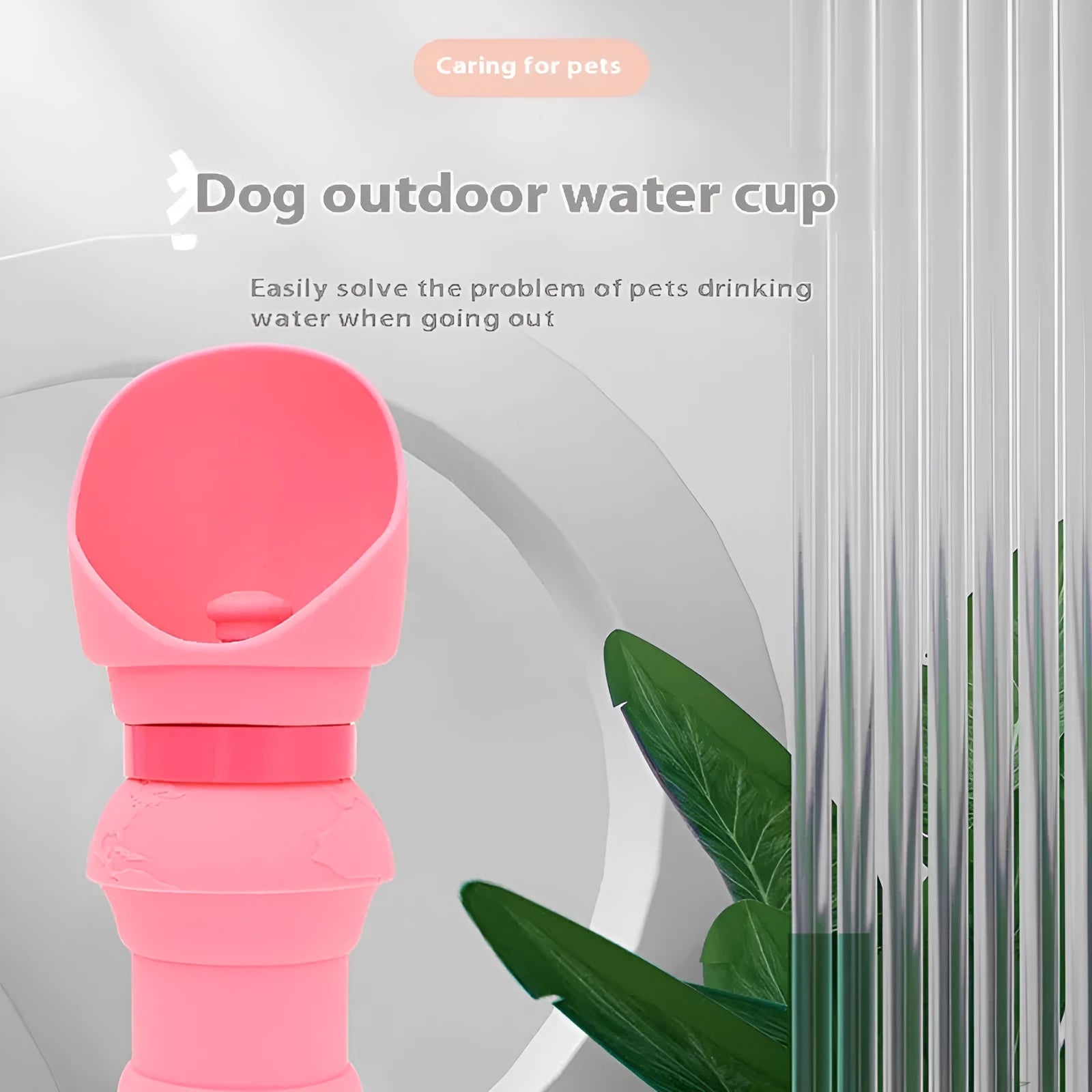 Soft silicone pet folding water cup shown in a choice of colours, collapsed and expanded next to a dog lead.