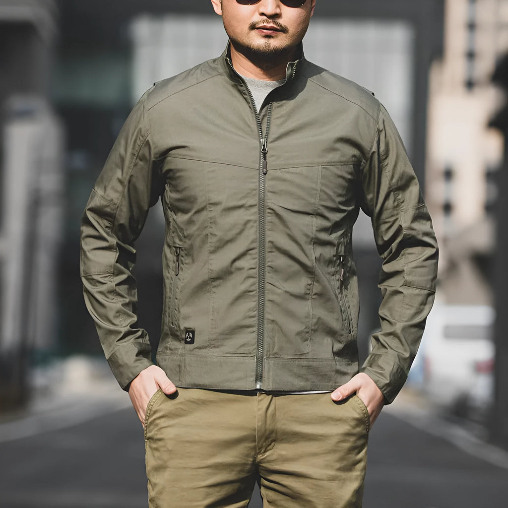Men's brown plaid tactical camouflage jacket with multiple pockets on a mannequin.