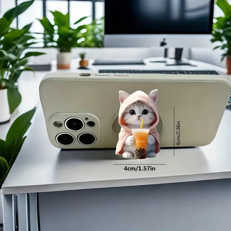 Creative cartoon acrylic flat phone holder with transparent support in milk tea cat design on a desk