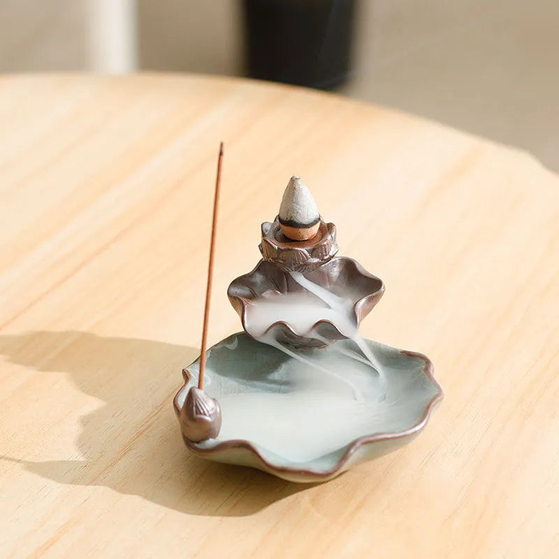 Square purple clay ceramic reverse flow incense burner with lotus and plum blossom good luck patterns
