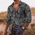 Men's loose-fit long sleeve shirt with 3D floral pattern printing in lightweight polyester fabric