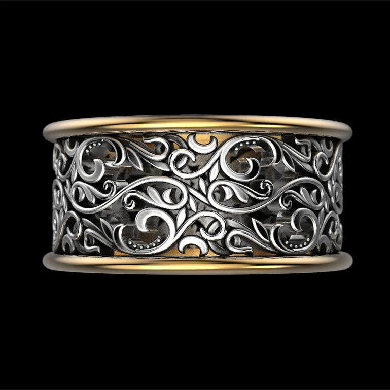 Creative retro hollow pattern alloy men's ring in black gold colour separation