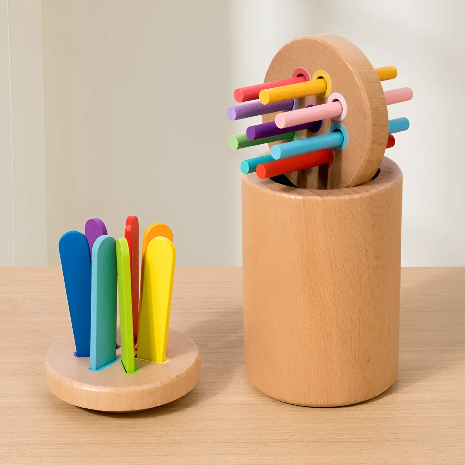 Children's educational wooden toy set with transparent double lid cup, 18 round sticks, and 14 ice cream sticks