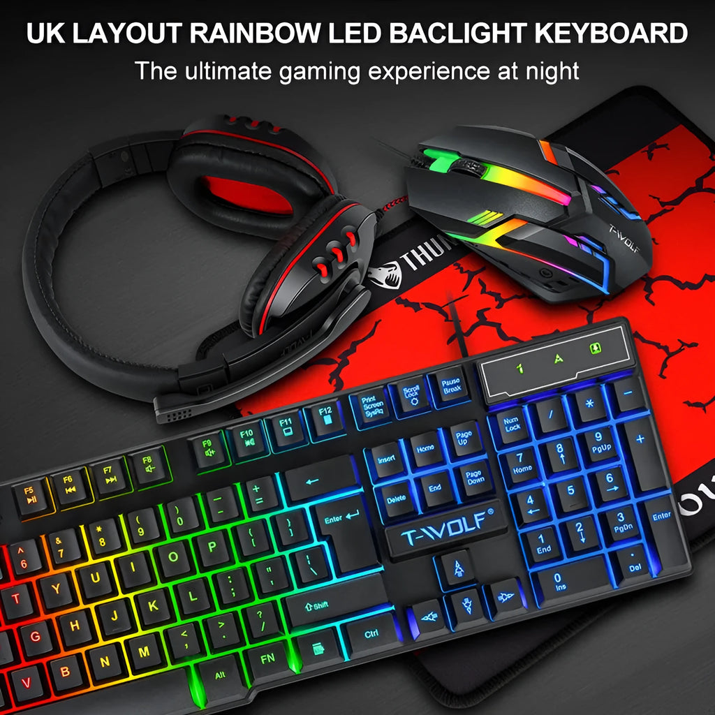 Thunder Wolf T800 wired gaming keyboard and mouse combo set with headset and mouse pad on a desk