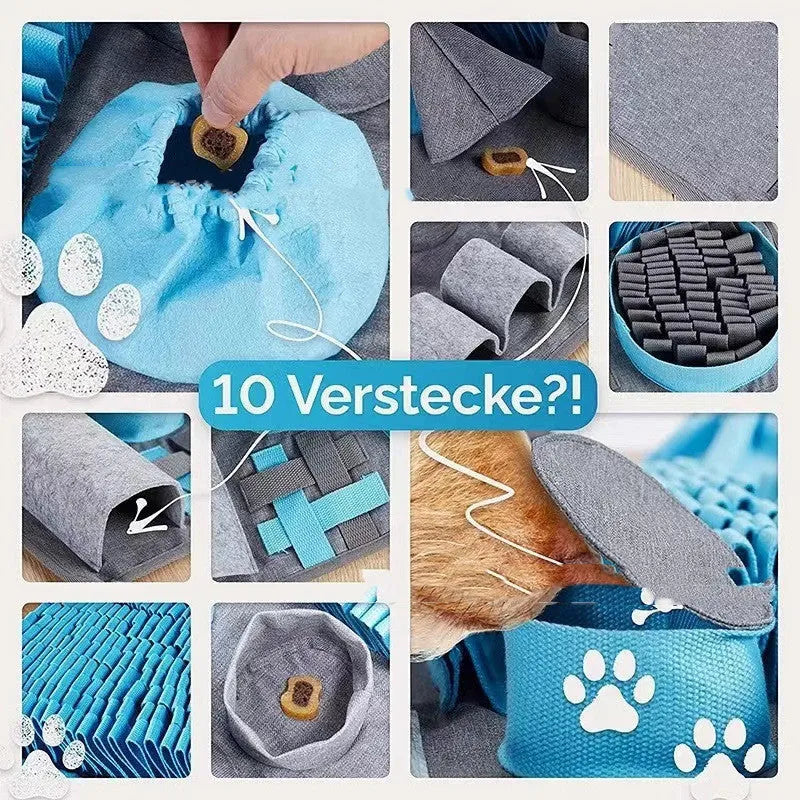Pet sniffing pad made from felt and webbing with tunnel maze folds for hiding treats, suitable for dogs.