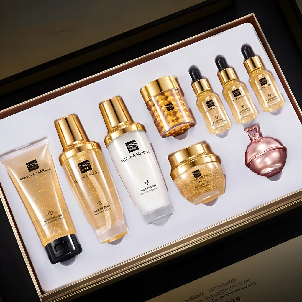 Whitening and freckle removing skin care kit with hydrating moisturising brightening products in Gold Luxury packaging