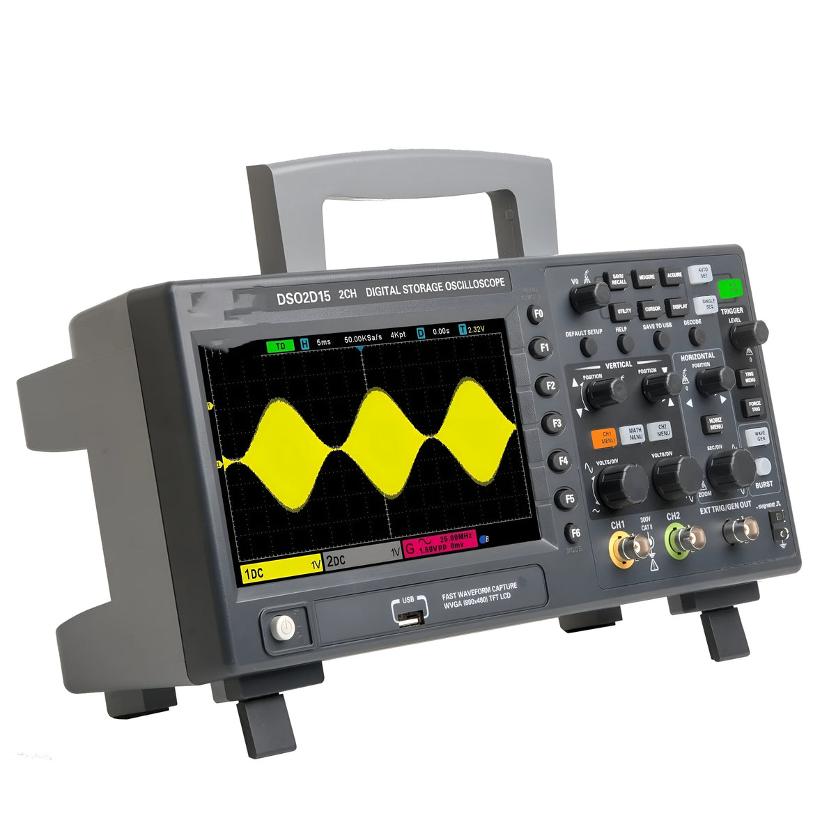 DSO2D10 digital storage oscilloscope front panel with dual channel inputs and display showing waveform