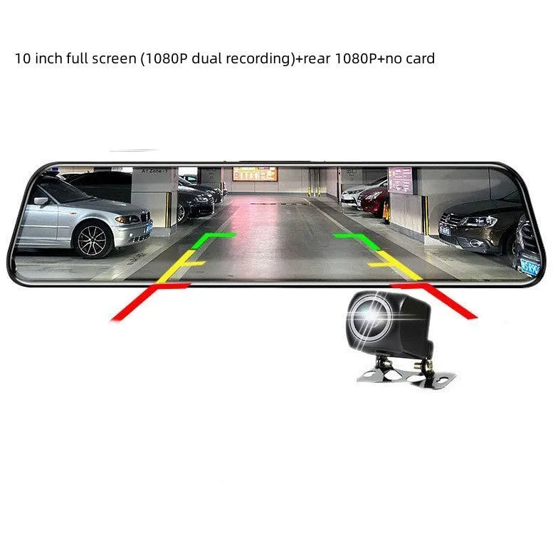 10-inch full screen car dash camera with front and rear lenses on a touch screen display.