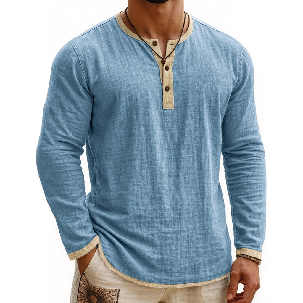 Digital printing two-tone men's Henley shirt with three-button placket and long sleeves in slim fit
