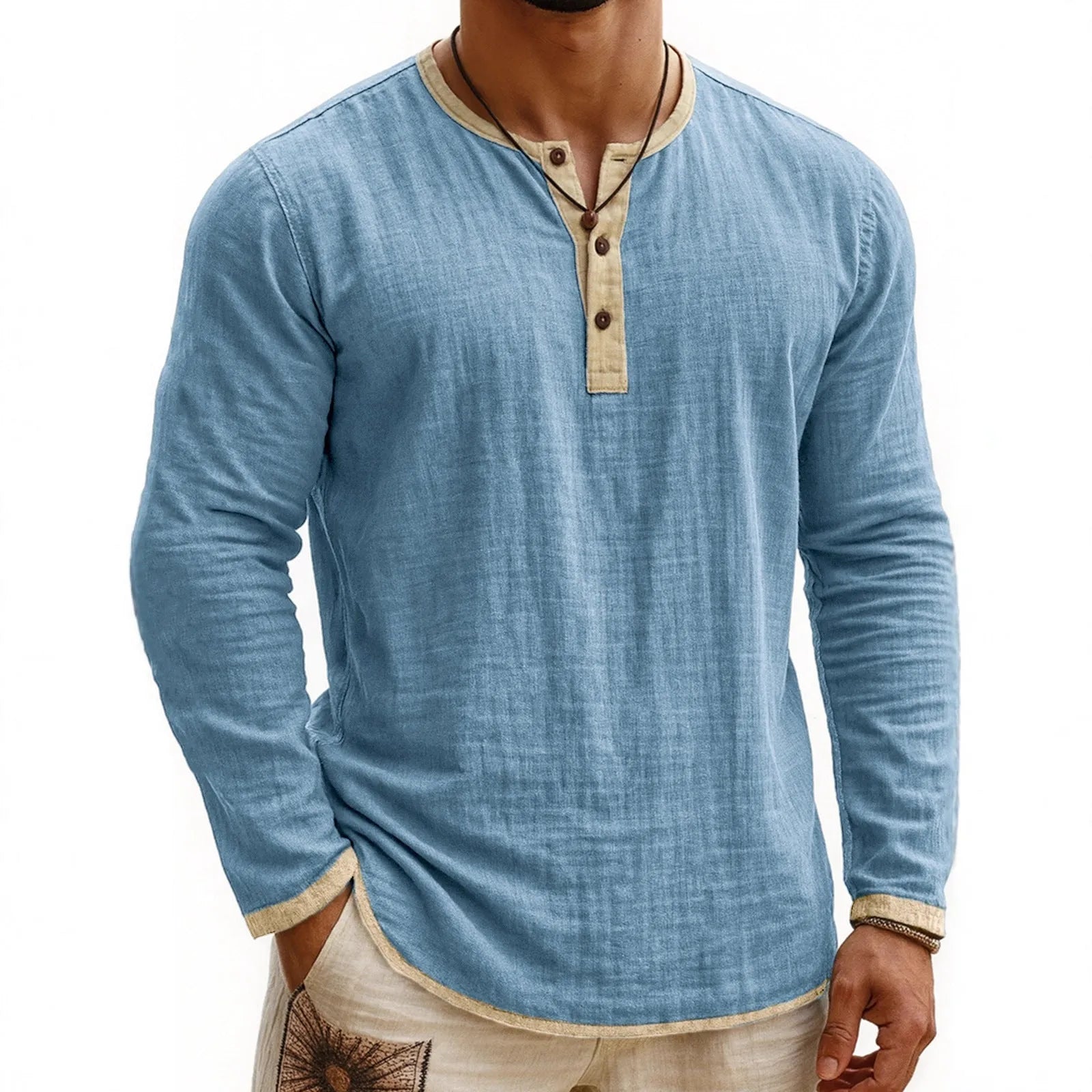 Digital printing two-tone men's Henley shirt with three-button placket and long sleeves in slim fit