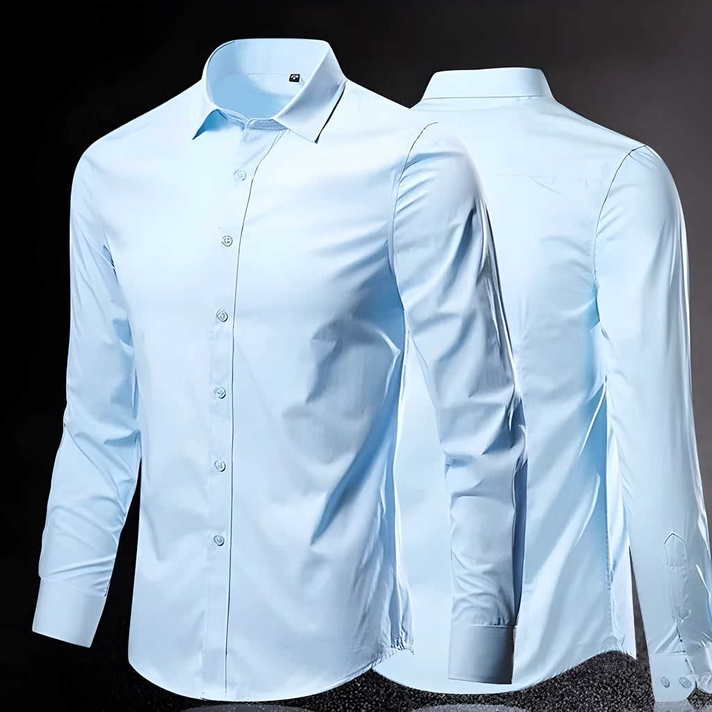 Man's loose-fit long-sleeve linen shirt in a light colour, showing the trendy slim design.