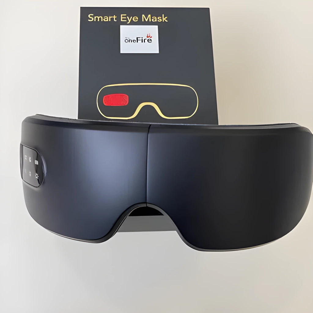 Rechargeable heated eye massager mask in white or black with foldable design for universal eye area use
