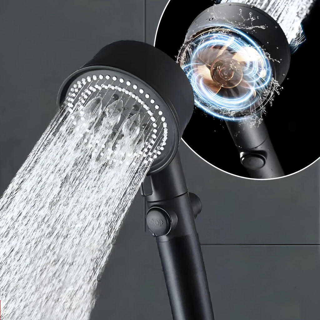 Silicone self-cleaning shower head with five colour options, turbo fan, and dense outlet holes