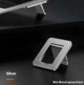 Aluminium folding laptop bracket showing compact size next to laptop with 3M adhesive mounts