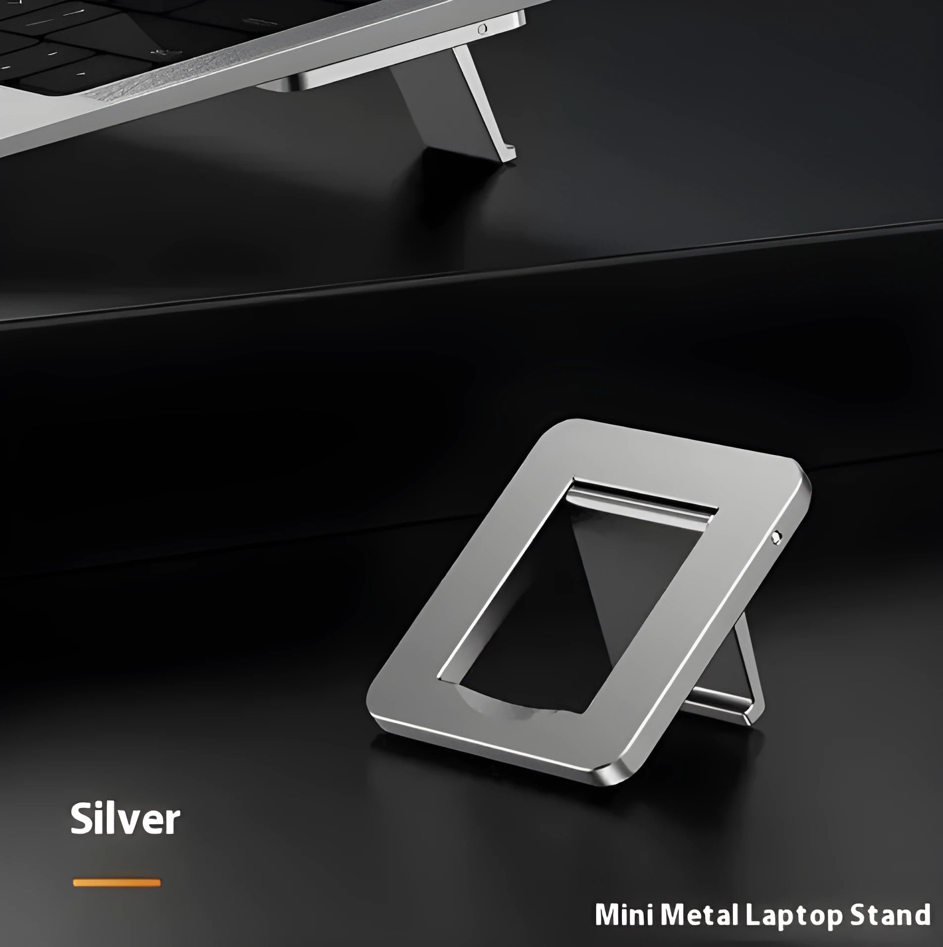 Aluminium alloy folding laptop bracket showing compact 4.8cm height with adhesive backing