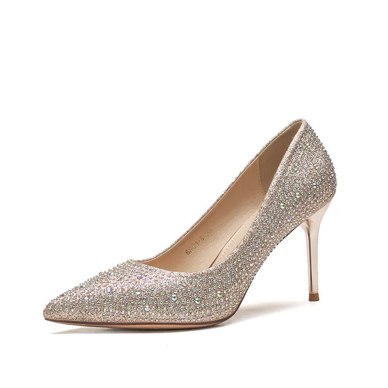 Gold crystal high heel pump with stiletto heel, rhinestone and sequin upper, sizes 34 to 40