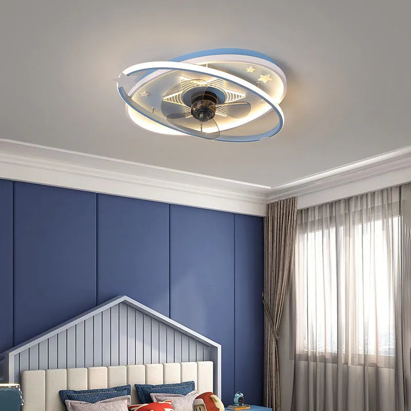 Blue children's bedroom ceiling fan with light fixture and remote control