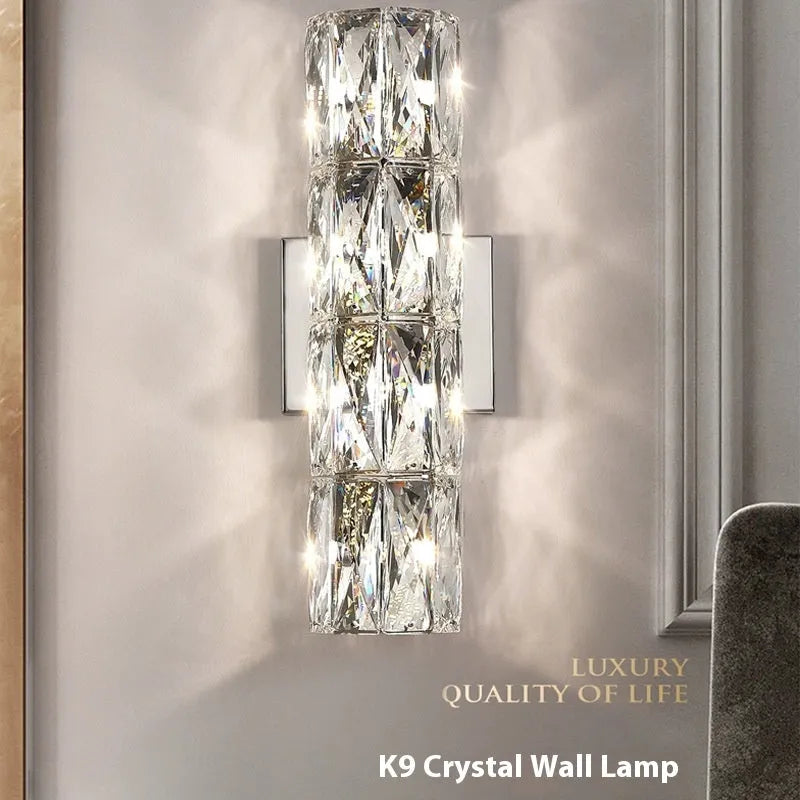 Crystal wall lamp with stainless steel body and LED lighting in chrome or gold finish