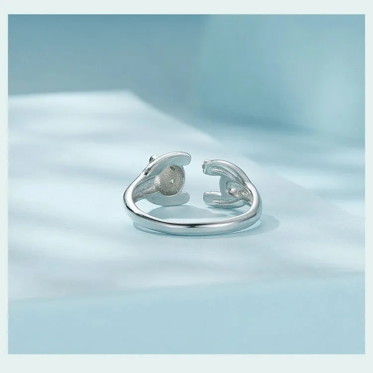 Sterling silver adjustable open ring with cute panda design and white gold plating