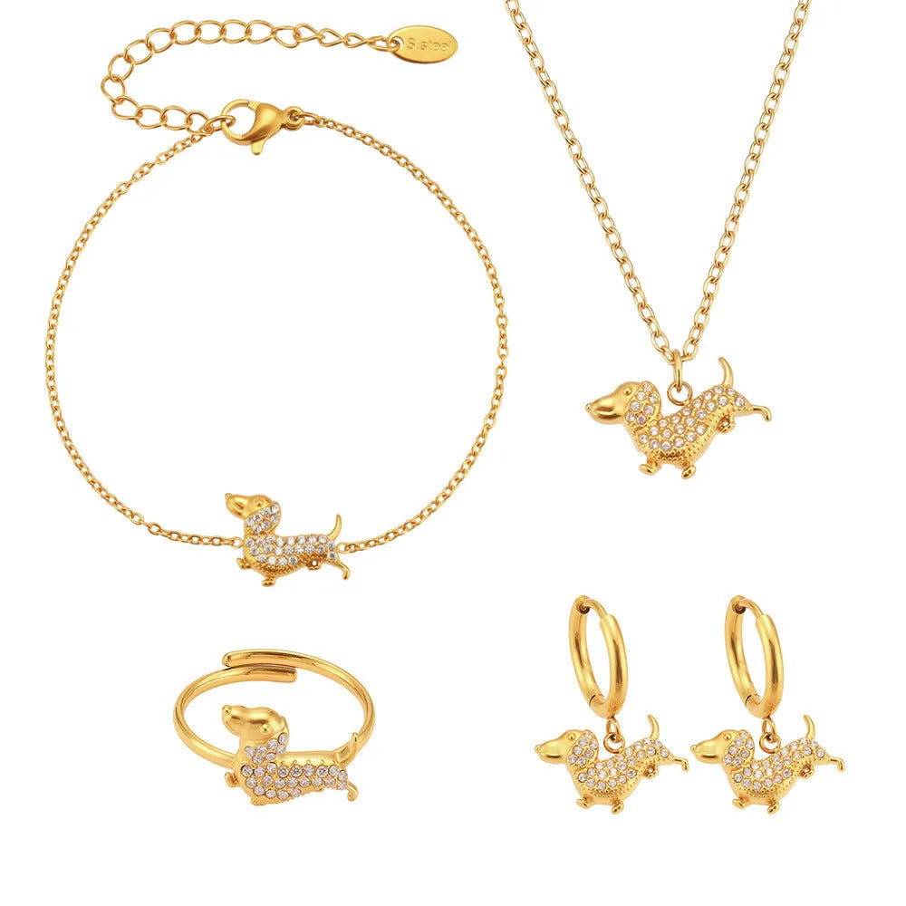 Gold puppy zircon bracelet with chain pattern and full zirconium accents on titanium steel