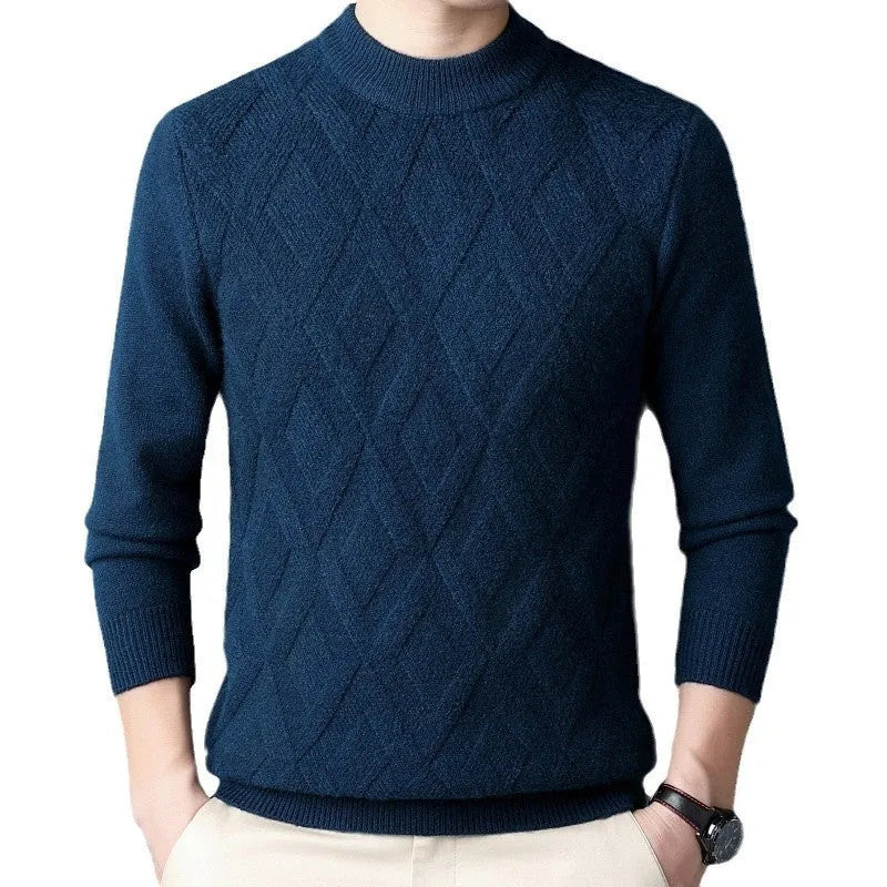 Men's thick winter sweater with diamond jacquard pattern in light camel colour
