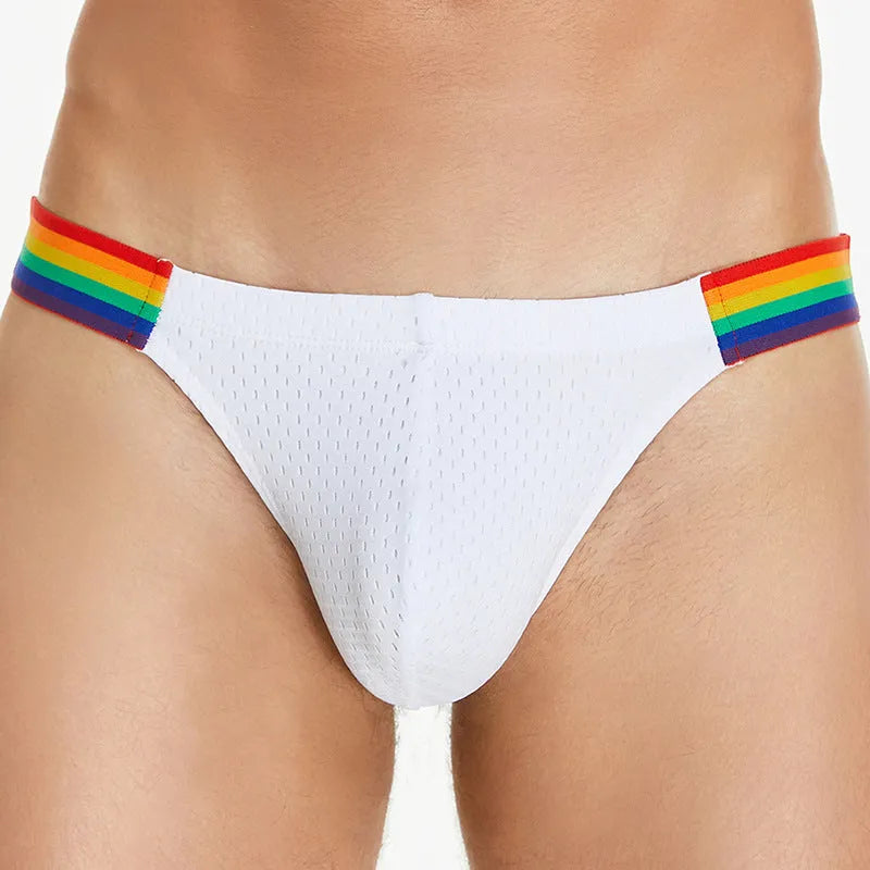 Men's nylon mesh briefs with a low waist and multicoloured rainbow waistband.