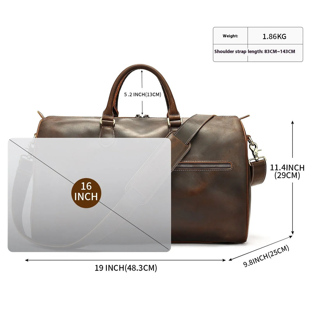 Men's vintage leather crossbody bag in first layer cowhide with dimensions 48.3cm x 25cm x 29cm