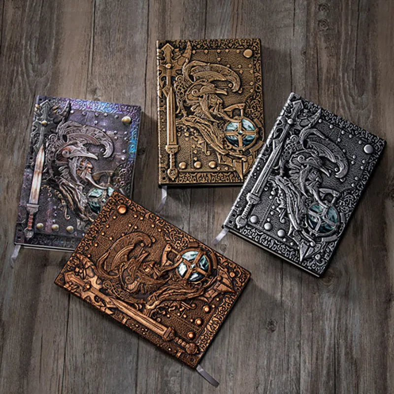 Handmade leather A5 notebook with a detailed embossed 3D warrior relief on the cover.