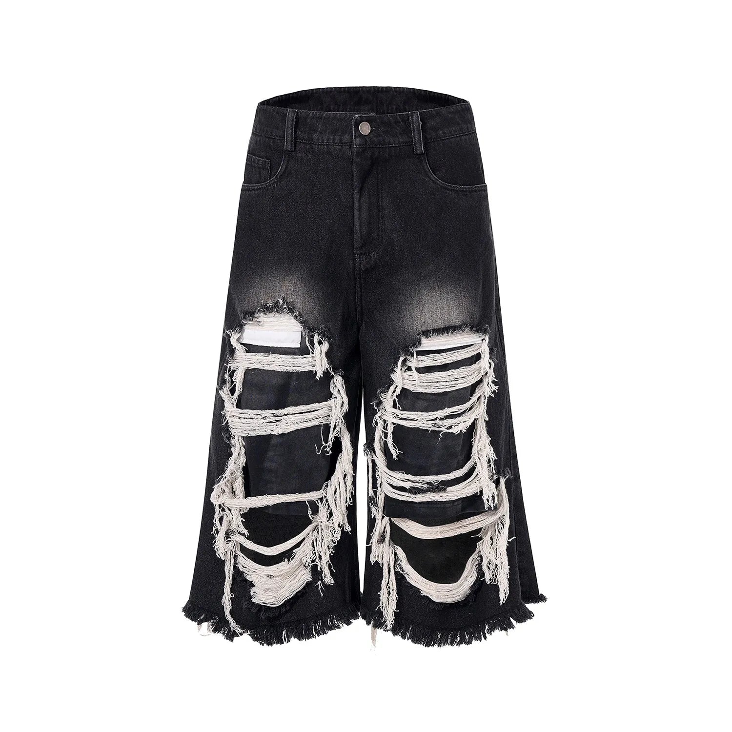 Black cropped wide-leg jeans with ripped patch details and mid-high waist