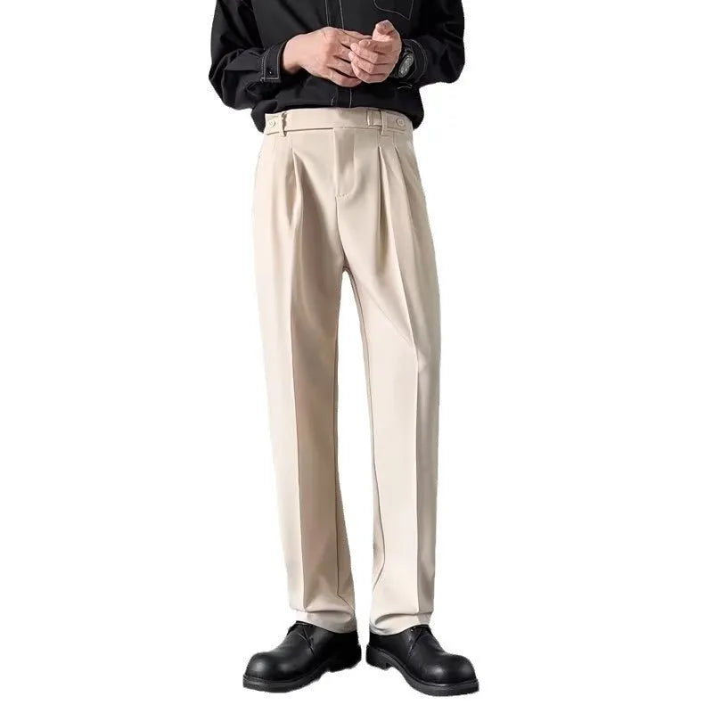 Men's straight leg loose fit suit trousers in apricot and black colours with polyester fabric