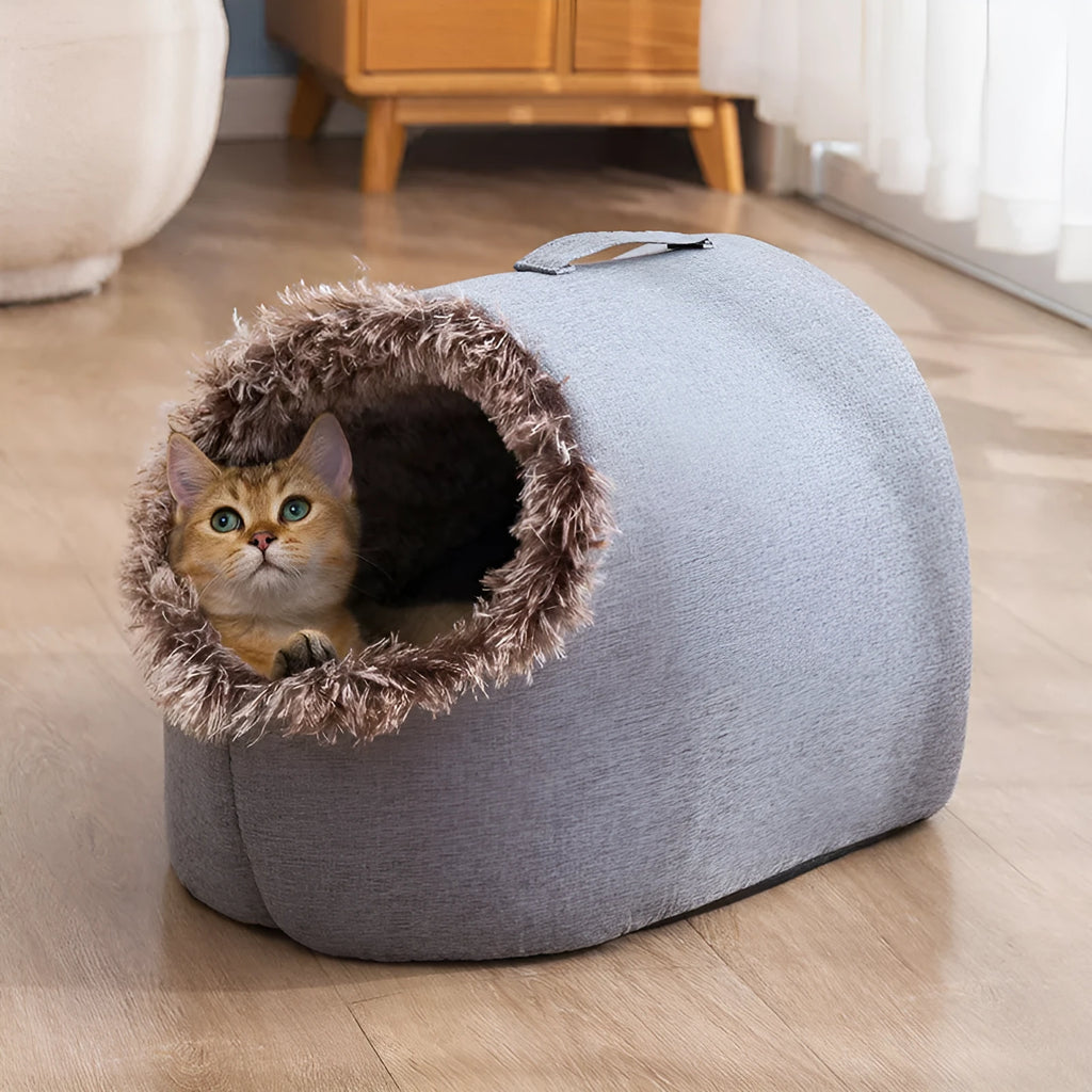 Grey fleece-lined enclosed cat sleeping bag bed for winter, shown next to brown colour option.