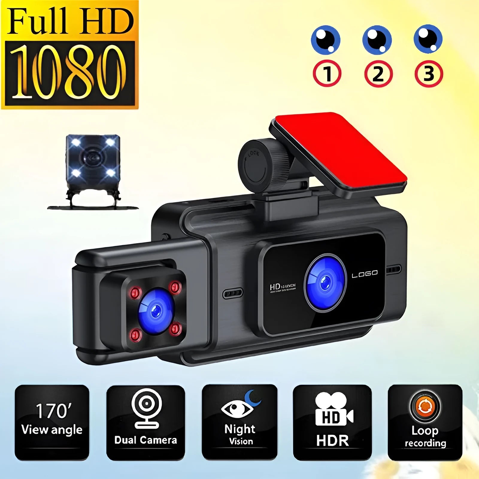Black 3-lens car dash camera with 3-inch screen for front windshield mounting