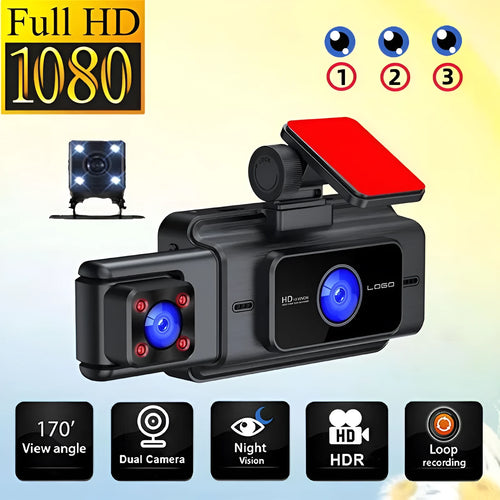 Black 3-lens car dash camera with 3-inch screen for front windshield mounting