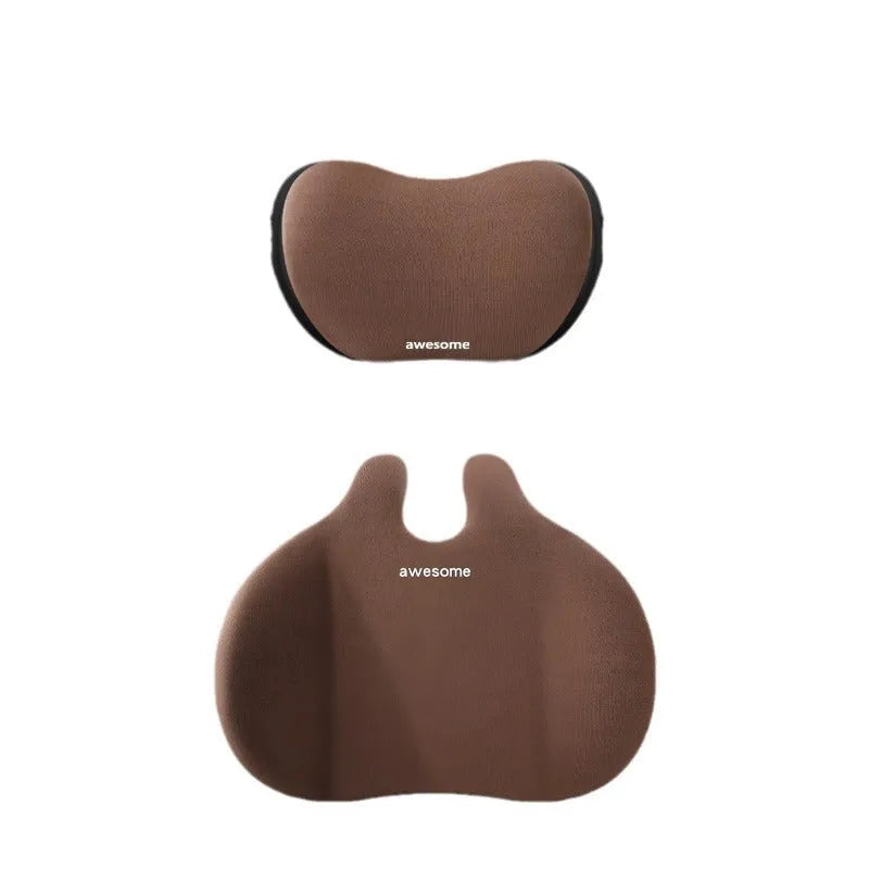 Automotive headrest and lumbar support pillow set in coordinated colours for car comfort