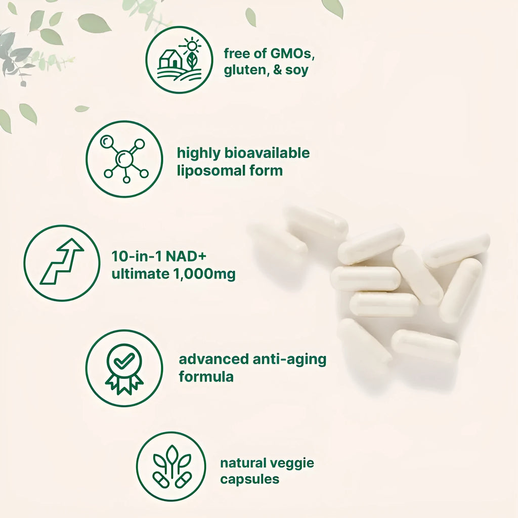 NAD capsules bottle with 60 nicotinamide riboside tablets for cellular energy support