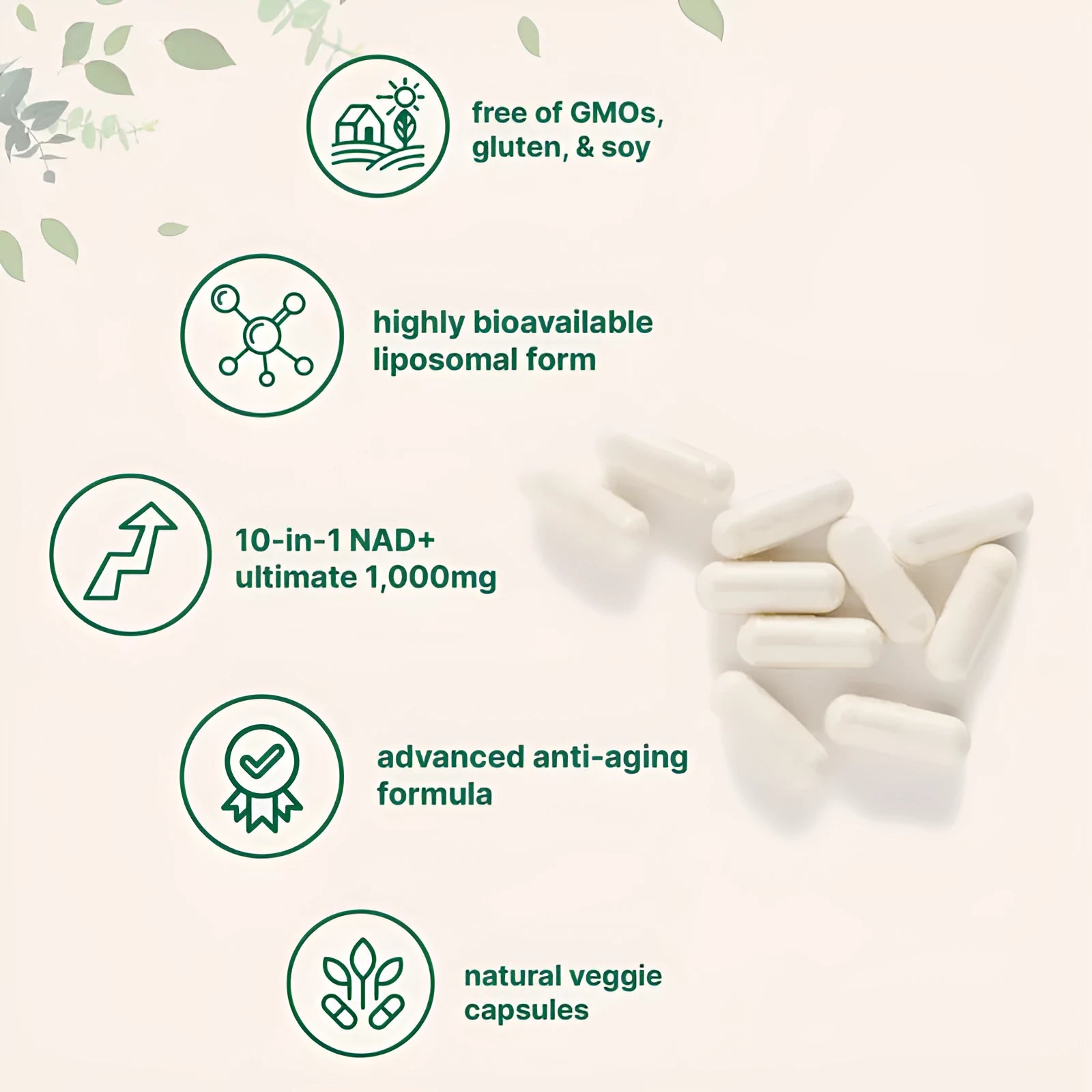 NAD capsules bottle with 60 nicotinamide riboside tablets for cellular energy support
