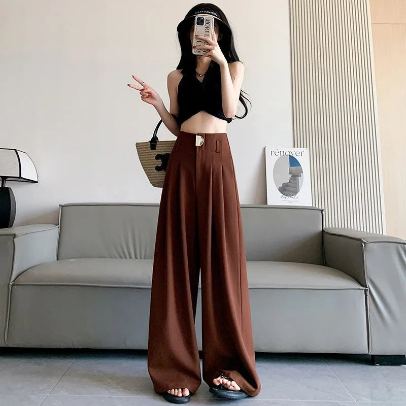 Women's high-waisted wide-leg pants in black, slightly elastic spandex fabric, loose straight fit, regular length