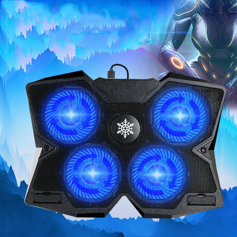 Black plastic notebook cooler with four mute fans and USB cable on a desk